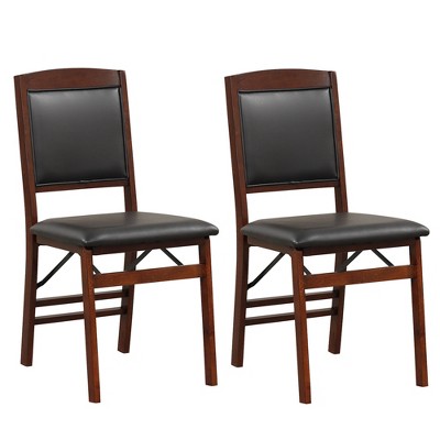 Walnut and Black Leather Folding Parsons Side Chairs, Set of 2