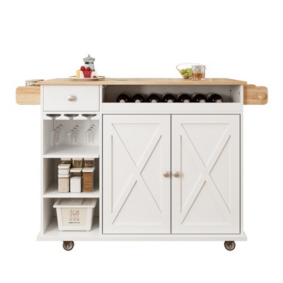 TiramisuBest 53.7in Farmhouse Kitchen Island with Power Outlet, 2 Sliding Barn Door Kitchen Storage Island with Drop Leaf, Spice Rack Rol