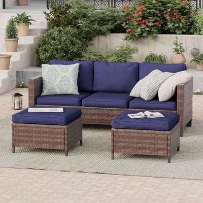 Sonkuki 3-Seater Patio Sofa Set Brown/Gray Rattan with Ottomans