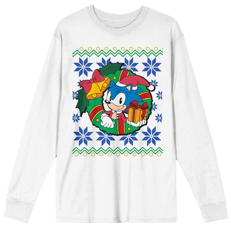 Sonic The Hedgehog Classic Sonic WIth A Gift And Christmas Wreath Crew Neck Long Sleeve White Unisex Adult Tee, 1 of 4