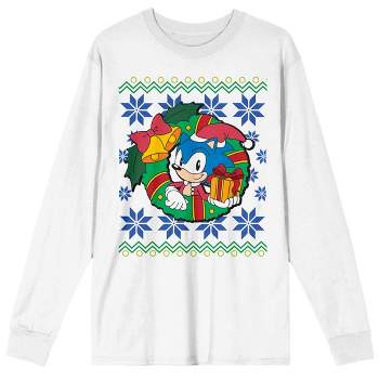 Sonic The Hedgehog Classic Sonic WIth A Gift And Christmas Wreath Crew Neck Long Sleeve White Unisex Adult Tee