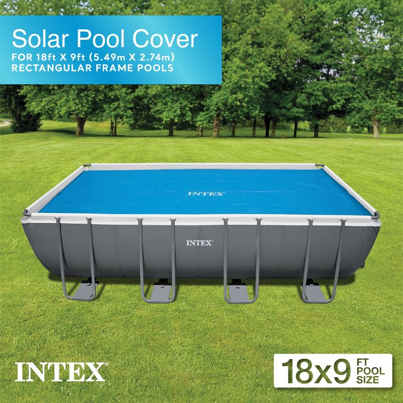 Intex Solar Pool Cover for 18' x 9' Rectangular Frame Outdoor Swimming Pools with Carrying Storage Bag, (Pool Cover Only), Blue, 2 of 7