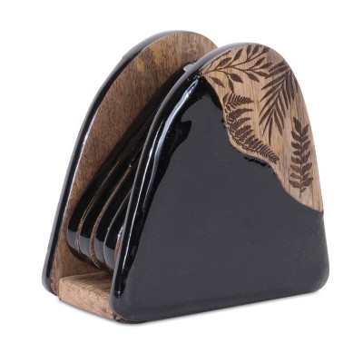 Floral Etched Wood Coaster with Holder (Set of 4)