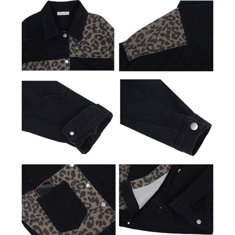 Anna-Kaci Women's Leopard Print Crop Denim Jacket, 5 of 6