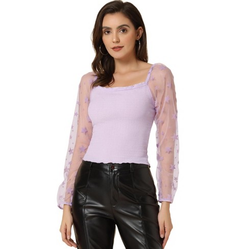 Allegra K Women's Mesh Crop Stars Mock Neck Party See Through Blouse :  Target