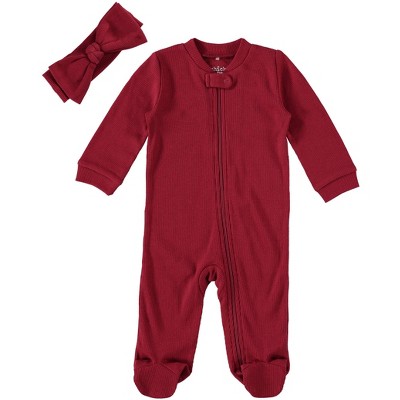 Image of Chick Pea Baby Girl Clothes Footed Pajama Set for Sleep and Play 2 Pack Ribbed Dark Red 0-3M