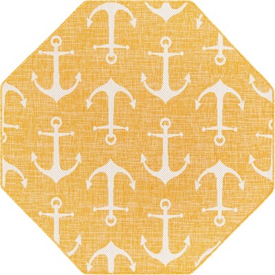 Yellow Octagon Outdoor Synthetic Rug with White Anchor Pattern
