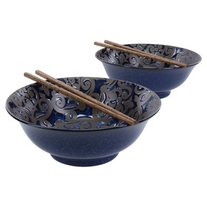 BIA Cordon Bleu Set of 2 8" Ellyn Dining Bowls Blue with Jichimu Wood Chopsticks - 1 of 4