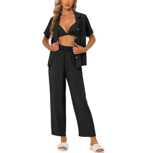 Cheibear Womens Pajama Sets Short Sleeve Shirt Long Pant