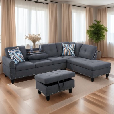GlasFlength Sectional Sofas with Ottoman, Modern Large Modular Sectional Couch for Living Room, L Shape Upholstered Couch, Gray, Length 97.5"