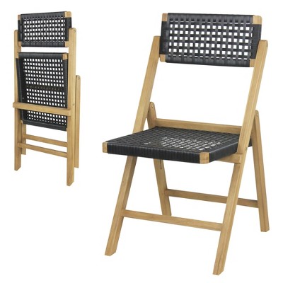 Tangkula 2PCS Folding Chairs w/ Woven Rope Seat & High Back Indonesia Teak Patio