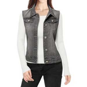 INSPIRE CHIC Women's Buttoned Washed Denim Vest with Faux Chest Flap Pockets - 1 of 3