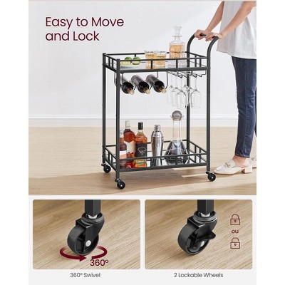 Black Steel Bar Cart with Mirrored Shelves and Wine Holders