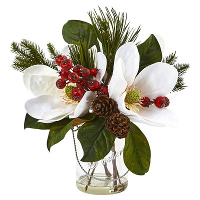 Magnolia, Pine, and Berry Holiday Arrangement in Glass Vase - Nearly Natural