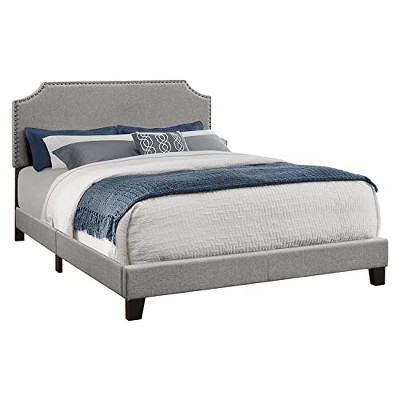 Monarch Specialties Bed, Queen Size, Bedroom, Upholstered, Grey Linen Look, Chrome Trim, Transitional