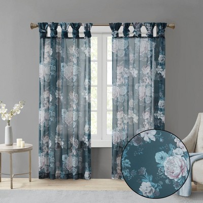Navy Floral Twist Tab Top Sheer Polyester Curtain Panel