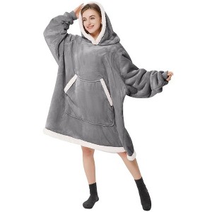 Wearable Blanket Sweatshirt Gifts for Adults, Warm and Cozy Giant Blanket Hoodie, Thick Flannel Blanket with Sleeves and Giant Pocket, Gray - 1 of 4