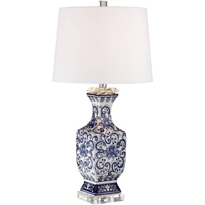 Barnes and Ivy Asian Table Lamp Porcelain Blue Floral Jar Geneva White Drum Shade for Living Room Family Bedroom Nightstand