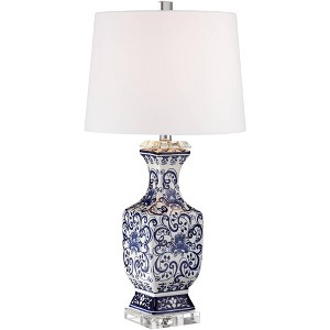 Barnes and Ivy Iris Asian Table Lamp 28" Tall Porcelain Blue Floral Jar Geneva White Drum Shade for Bedroom Living Room Bedside Nightstand Office Kids - 1 of 4