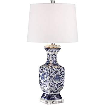 Barnes and Ivy Iris Asian Table Lamp 28" Tall Porcelain Blue Floral Jar Geneva White Drum Shade for Bedroom Living Room Bedside Nightstand Office Kids