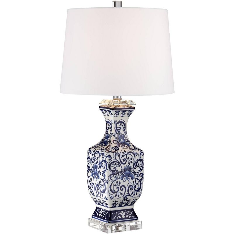 Barnes and Ivy Iris Asian Table Lamp 28" Tall Porcelain Blue Floral Jar Geneva White Drum Shade for Bedroom Living Room Bedside Nightstand Office Kids, 1 of 10