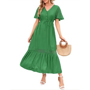 Womens 2025 Summer Lace Lotus Leaf Short Sleeve Maxi Dress V Neck Long Flowy Dresses - 1 of 4