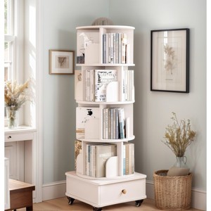 360° Rotating Vertical Bookcase with Open Shelves and Drawer, Space-Saving Bookshelf for Corners and Small Rooms-3irtyhousy - 1 of 4