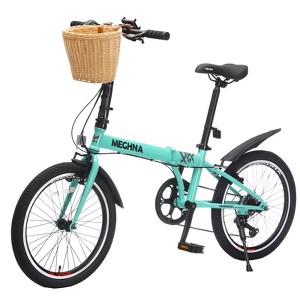 Gulches 20 Inch Folding Bike for Adults 6 Speed Shimano Steel Frame Dual V Brakes with Basket Phone Holder Fenders Green - 1 of 4