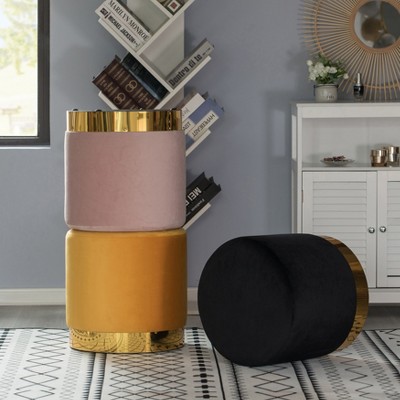 Mustard Velvet Round Ottoman Stool with Gold Metal Base