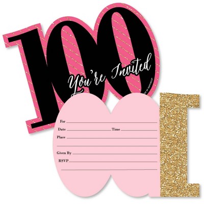 Big Dot of Happiness Chic 100th Birthday - Pink, Black and Gold - Shaped Fill-in Invites - Birthday Party Invitation Cards with Envelopes - Set of 12