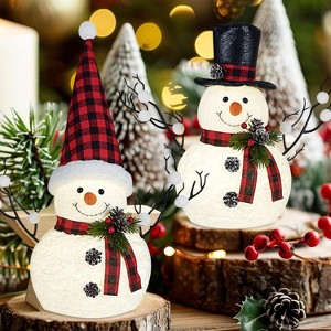 2 Pack 14" Lighted Snowman Tree Buffalo Check Plaid Farmhouse Decorations - 1 of 4