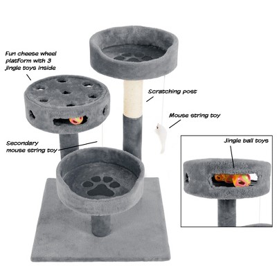Gray 3-Tier Cat Tower with Sisal Rope Scratching Post