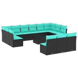 vidaXL 14 Piece Patio Sofa Set with Cushions Black and Blue - With Table - 1 of 4