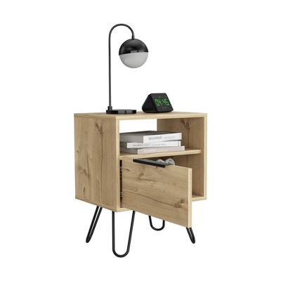 Vynxaria Light Oak Nightstand, 1 Drawer + 1 Door Cabinet + 2 Shelves, Hairpin Legs, Easy Assembly, High-Quality Build, Part of Coordinating Collection
