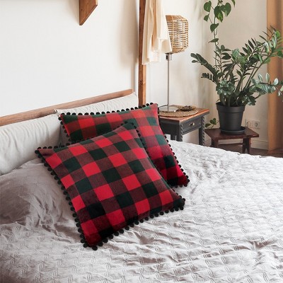 Red and Black Plaid Pom Pom Flannel Pillow Covers, Set of 2