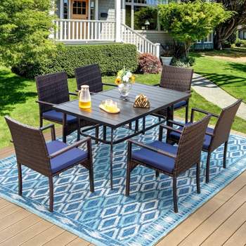 7pc Patio Dining Set with Rectangle Table with 2.6" Umbrella Hole & Rattan Wicker Arm Chairs - Black - Captiva Designs
