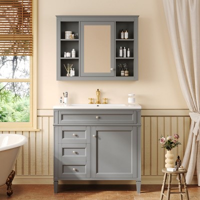 Bathroom Vanity Cabinets 36 Inches With Medicine Cabinet, Bathroom Floor Cabinets With 2 Soft Closing Doors And 4 Drawers-Cuddlewood