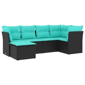 vidaXL 7 Piece Patio Sofa Set with Cushions Black Poly Rattan - Black and Blue Without Table - 1 of 4