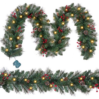 9ft Lighted Christmas Garland, Artificial Pre Lit Xmas Garland Decorations