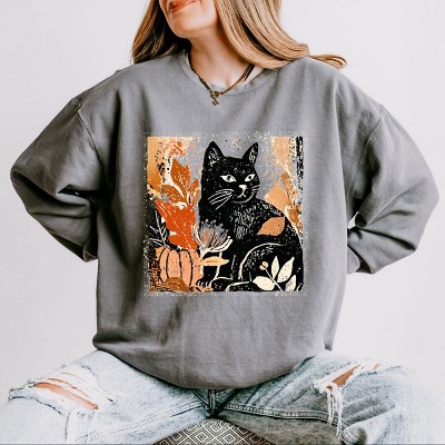 Simply Sage Market Black Cat Fall Leaves Distressed Lightweight Garment Dyed Sweatshirt