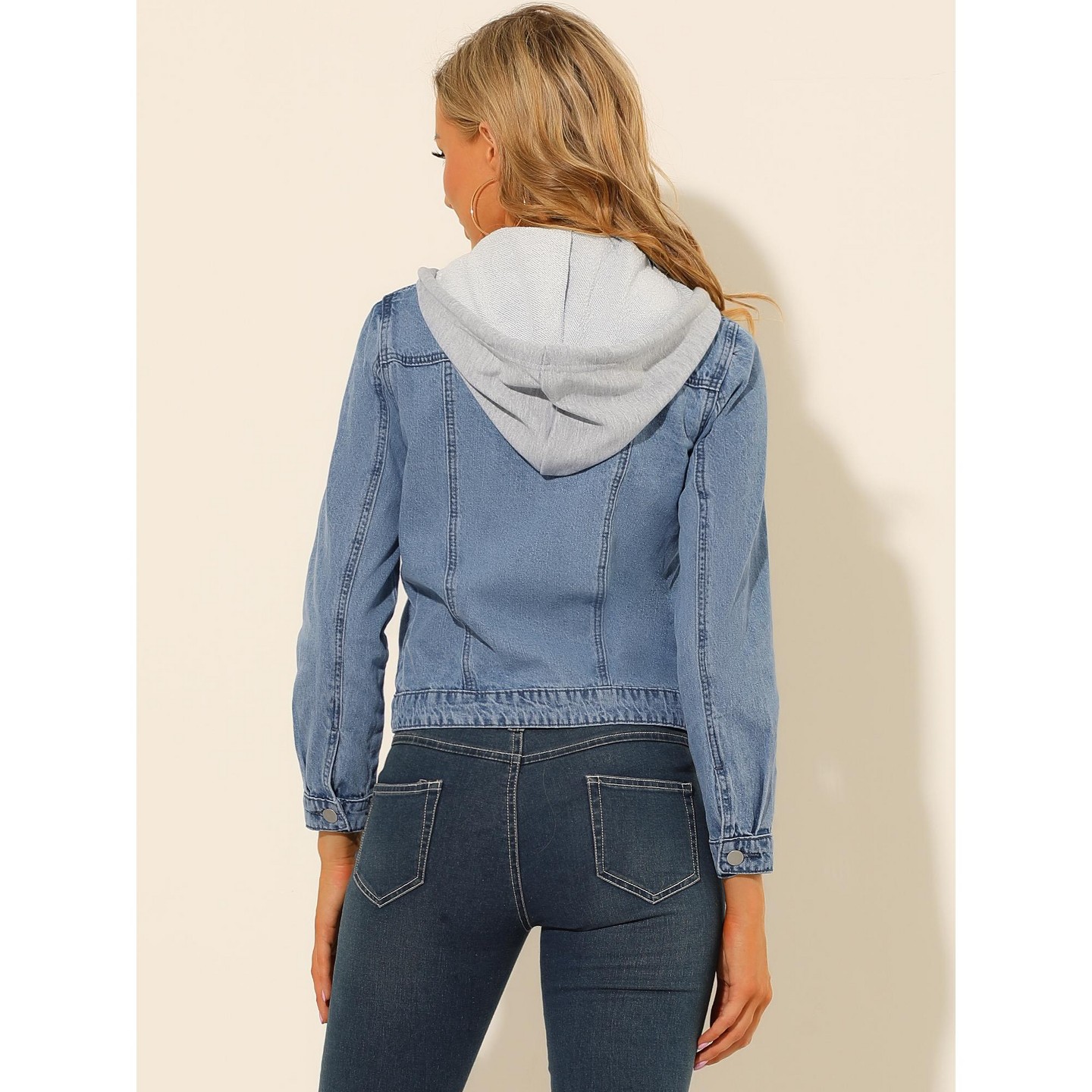 Женские куртки Allegra K Removable Hood Button Up Layered Drawstring Denim Jackets Blue, цвет: Джинсовый — фото 5