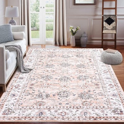 homfan Vintage Floral Washable Rug - Stain Resistant Low Pile Non-Slip Indoor Carpet for Living Room, Bedroom, Dorm