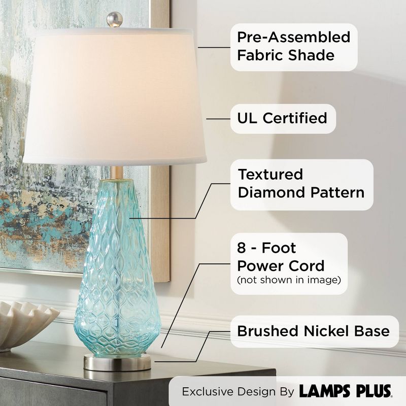 360 Lighting Dylan Modern Coastal Table Lamps 27 1/2" Tall Set of 2 Blue Textured Diamond Glass White Fabric Drum Shade for Bedroom Living Room House, 3 of 8