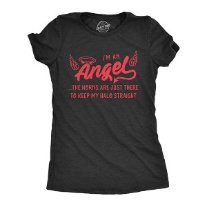 Womens I'm An Angel The Horns Are Just There To Keep My Halo Straight Tshirt Funny Halloween Tee - Crazy Dog Women's T Shirt - 1 of 4