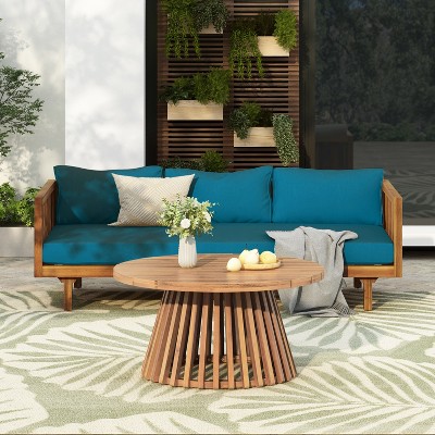 FIONECA Claremont 3-Seater Patio Daybed with Blue Cushions and Acacia Wood Coffee Table, Outdoor Furniture Set