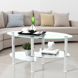 Oval Tempered Glass Coffee Table with Steel Legs - 1 of 4