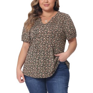 Agnes Orinda Women's Plus Size Pleated Front V Neck Short Sleeve Retro Floral Blouses - 1 of 4