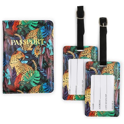 Zodaca 3 Pack RFID Passport Holder with 2 Luggage Tags, Tropical Leopard Design (2 Sizes)