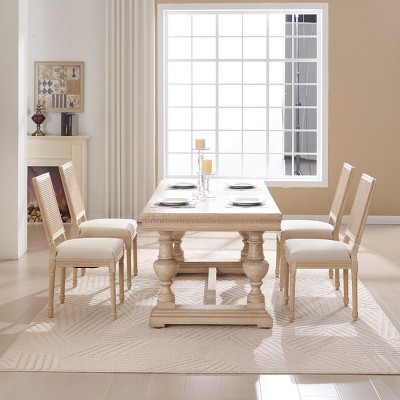 French Country Armless Dining Chairs,Cotton Linen Upholstered Dining Chairs with Solid Wood Frame,Rattan Backrest Dining Chairs-Coolbibila