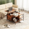 Munora 31.5" Rustic Wood Grain Coffee Table with Flip Top, Hidden Storage & 3 Open Shelves, Farmhouse Style with Black Metal Frame (Brown + Black) - 2 of 4
